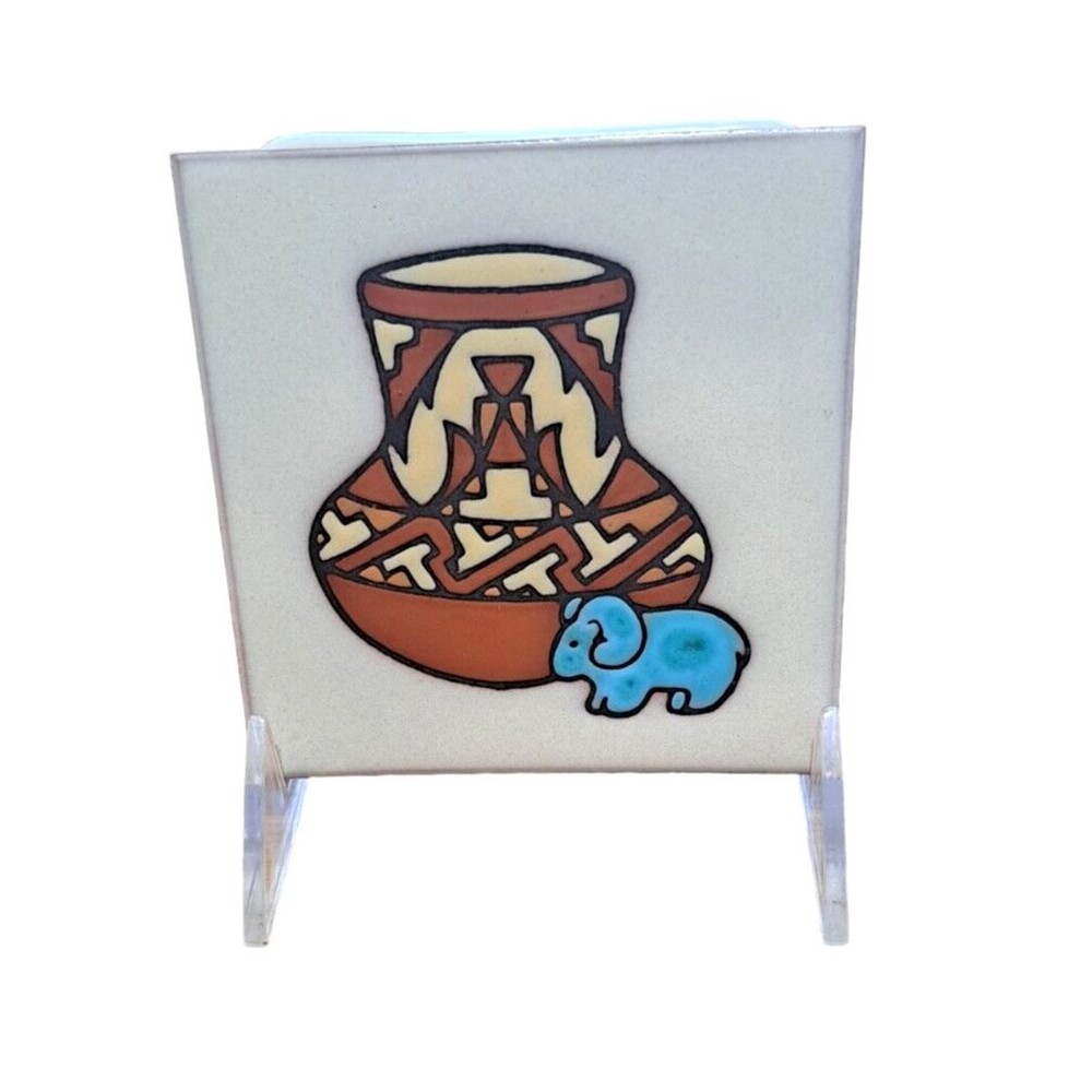 Cleo Teissedre Hand Painted 4" Tile Coaster Trivet‎ Art Zuni Southwest Pottery